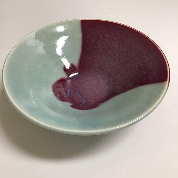 Studio Pottery Bowl SIGNED Ceramics Aqua Purple Gloss Abstract 8” Asian Handmade - Picture 6 of 11